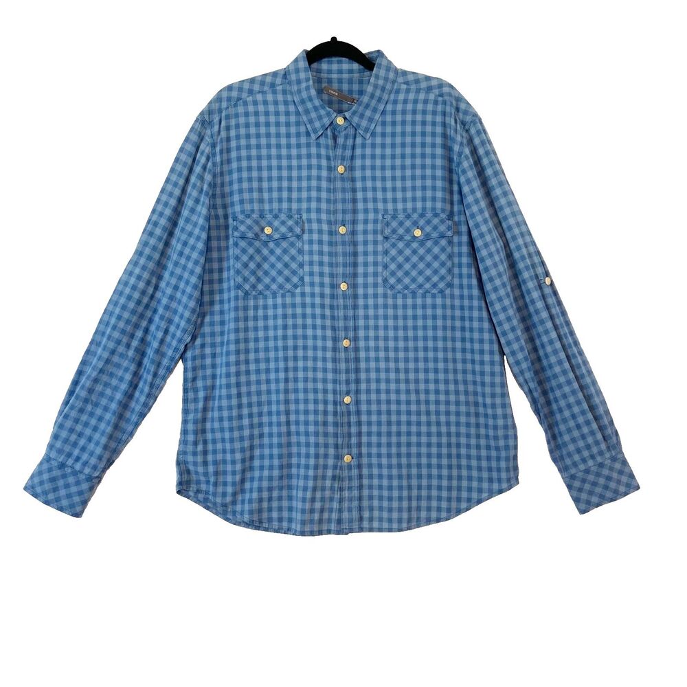 Vince Button Up Shirt Men's XL‎ Blue Gingham Plaid Roll Tab Sleeves Pockets